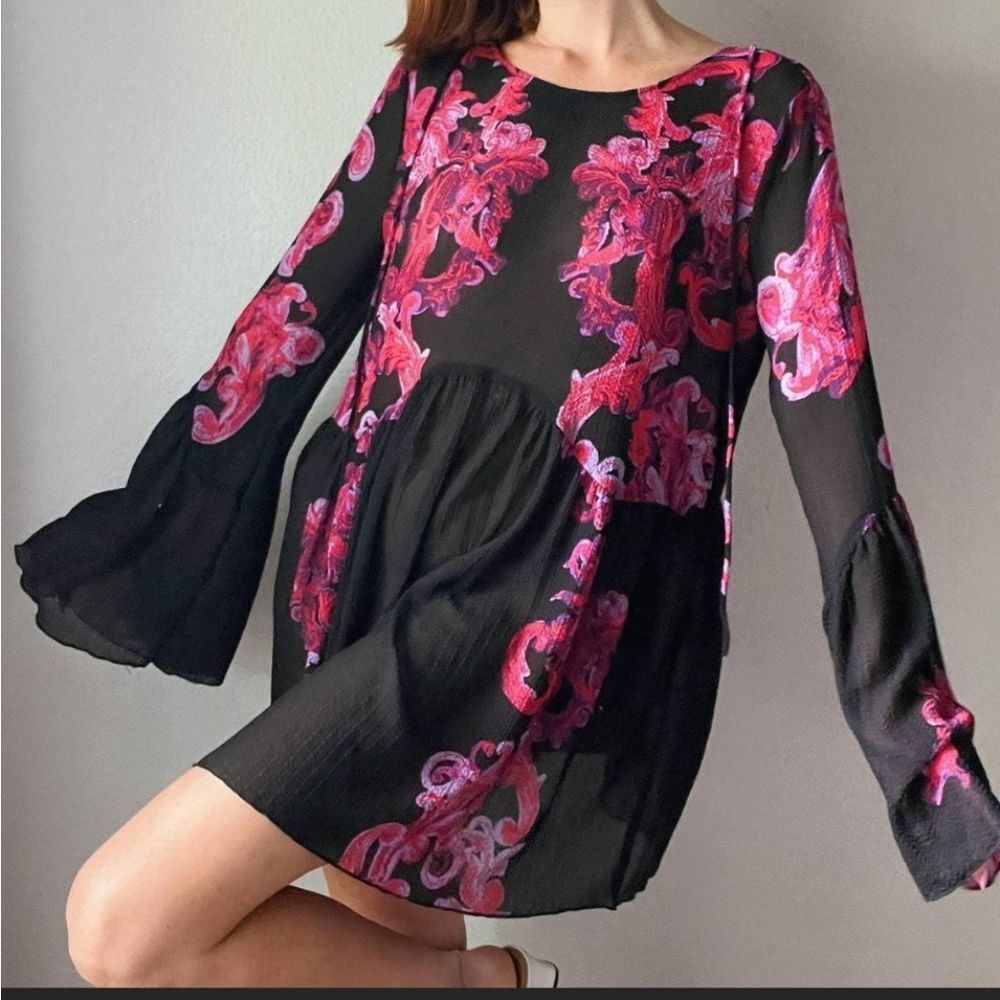 FREE PEOPLE INTAMATELY SYMPHONY Dark Garden Smock Dress Sz M Pink Black NWOT - Picture 3 of 10